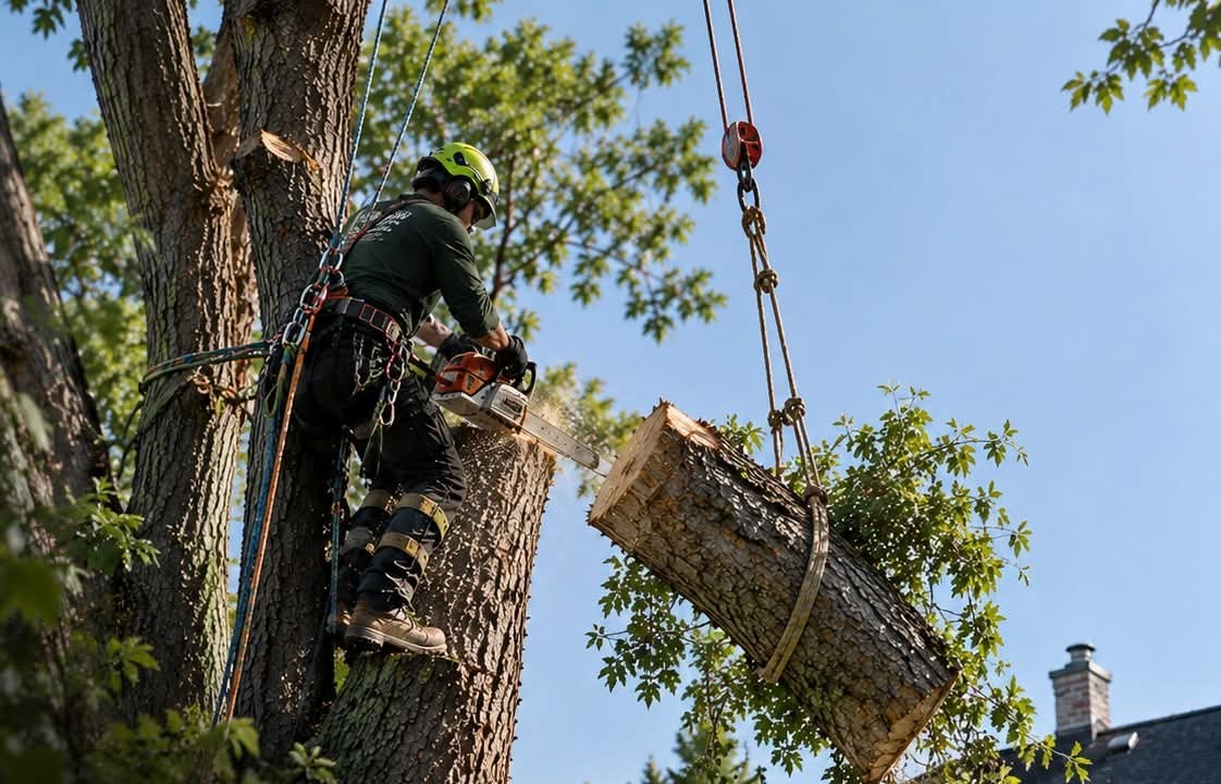 Illustration of tree removal: a climber in a helmet cuts a trunk section held by ropes